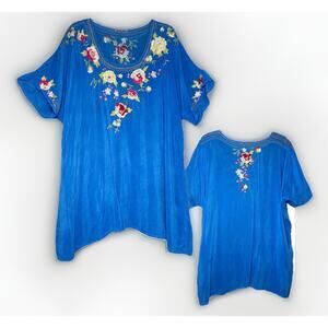 Johnny Was 1X Sky Blue Floral Embroidered Tunic Lagenlook Top XL Boho Shirt